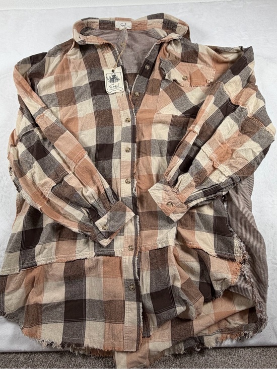 easel Tops - Easel Plaid Button-Front Shirt Jacket - Beige & Brown